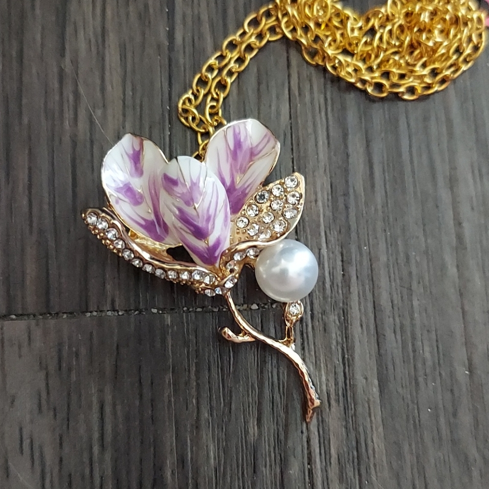 PURPLE Pearl Flower Pin NECKLACE